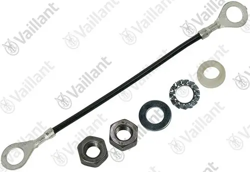 Befestigungssatz bestehend aus einem Kabel mit ringförmigem Anschluss, Schrauben, Unterlegscheiben und einer Kunststoffdichtung, Marke Vaillant.